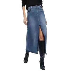 Alice + Olivia "Lola" A Line Denim Midi Skirt, Deep Front Slit, Leather Trim, 27